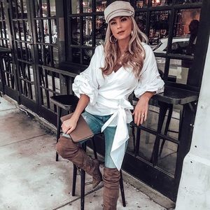 White puff sleeve tie top.